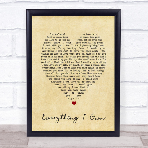 Everything I Own Bread Vintage Heart Song Lyric Music Wall Art Print
