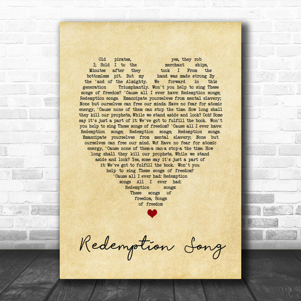 Redemption Song Bob Marley Vintage Heart Song Lyric Music Wall Art Print