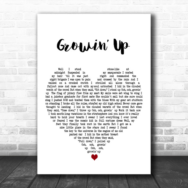 Bruce Springsteen Growin' Up White Heart Decorative Wall Art Gift Song Lyric Print