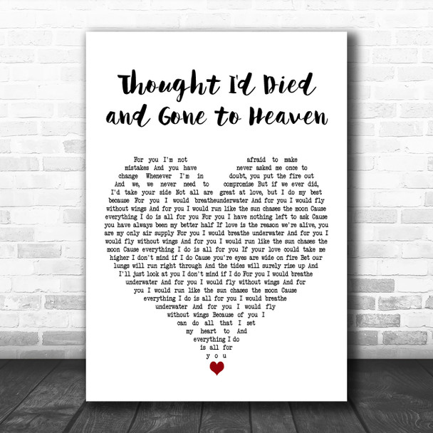 Bryan Adams Thought I'd Died and Gone to Heaven White Heart Song Lyric Print