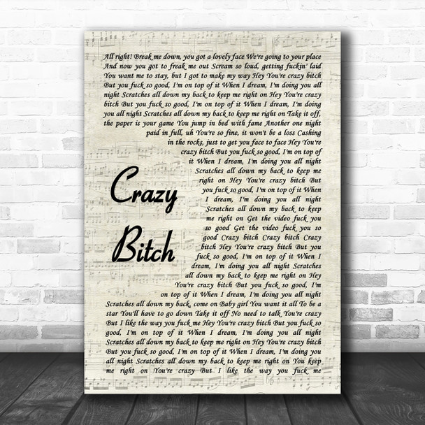 Buckcherry Crazy Bitch Vintage Script Decorative Wall Art Gift Song Lyric Print