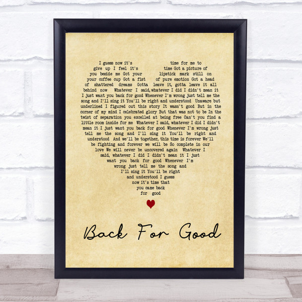 Back For Good Take That Vintage Heart Song Lyric Music Wall Art Print