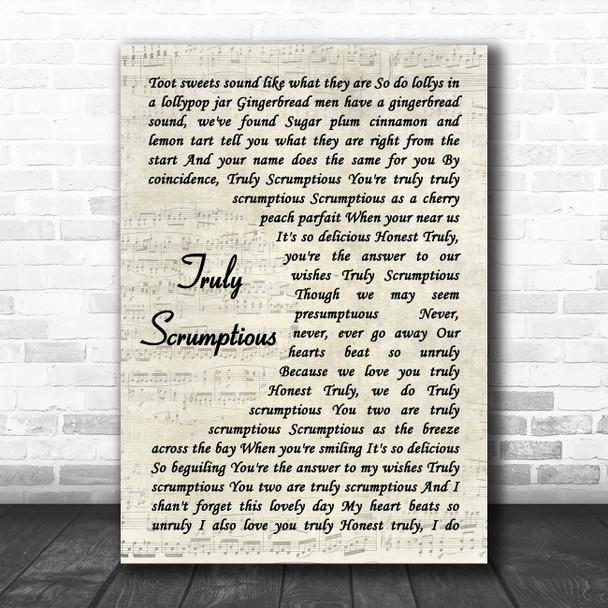 Chitty Chitty Bang Bang Truly Scrumptious Vintage Script Decorative Wall Art Gift Song Lyric Print