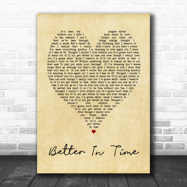 Better In Time Leona Lewis Vintage Heart Song Lyric Music Wall Art Print