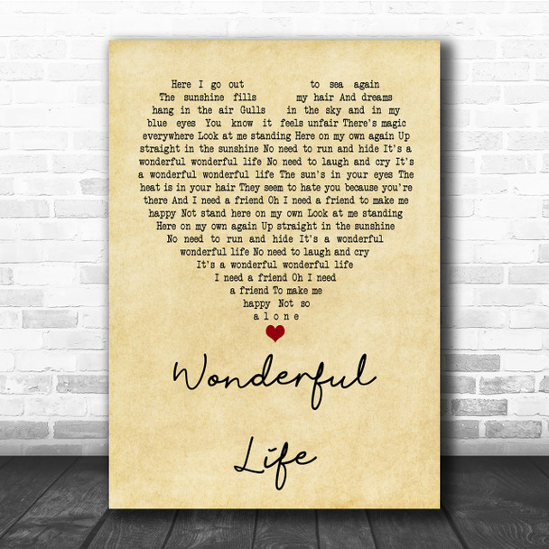 Black Wonderful Life Vintage Heart Song Lyric Music Wall Art Print