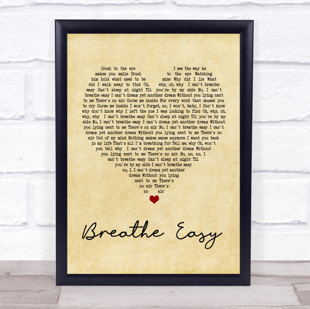 Blue Breathe Easy Vintage Heart Song Lyric Music Wall Art Print
