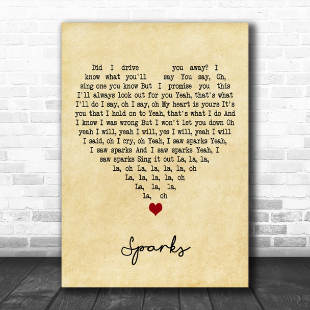 Coldplay Sparks Vintage Heart Decorative Wall Art Gift Song Lyric Print