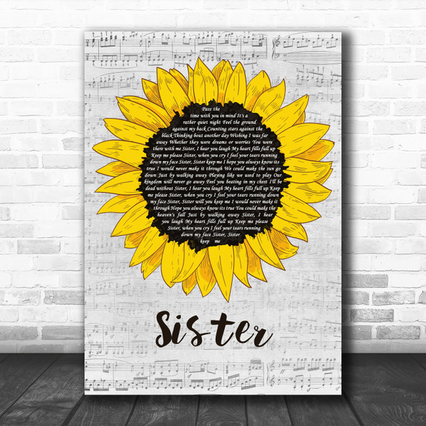 Dave Matthews Sister Grey Script Sunflower Decorative Wall Art Gift Song Lyric Print