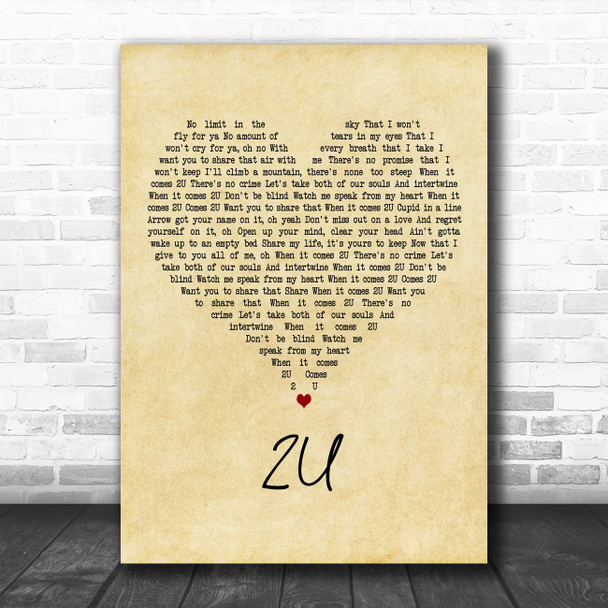 David Guetta feat. Justin Bieber 2U Vintage Heart Decorative Wall Art Gift Song Lyric Print
