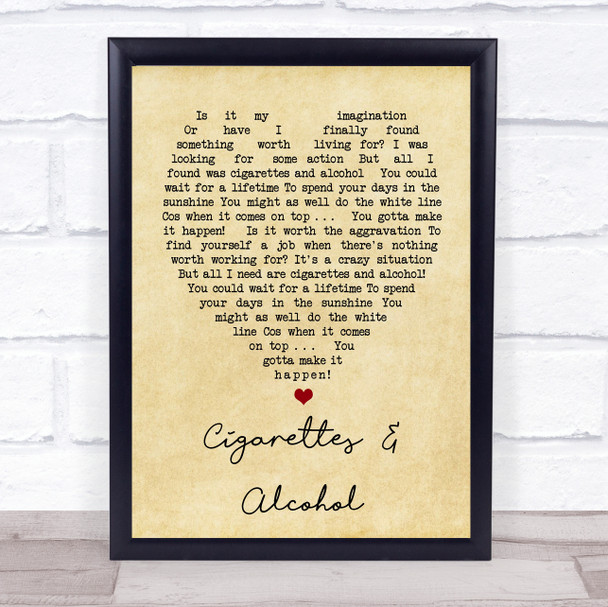 Cigarettes & Alcohol Oasis Vintage Heart Song Lyric Music Wall Art Print