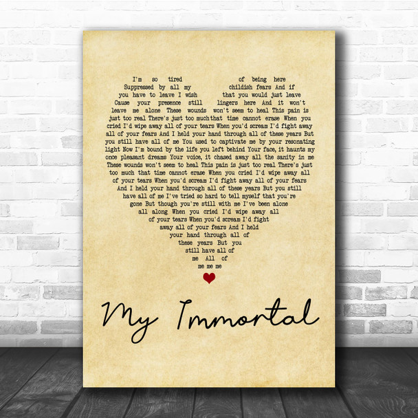 Evanescence My Immortal Vintage Heart Song Lyric Music Wall Art Print