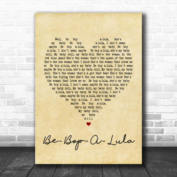 Gene Vincent Be-Bop-A-Lula Vintage Heart Song Lyric Music Wall Art Print