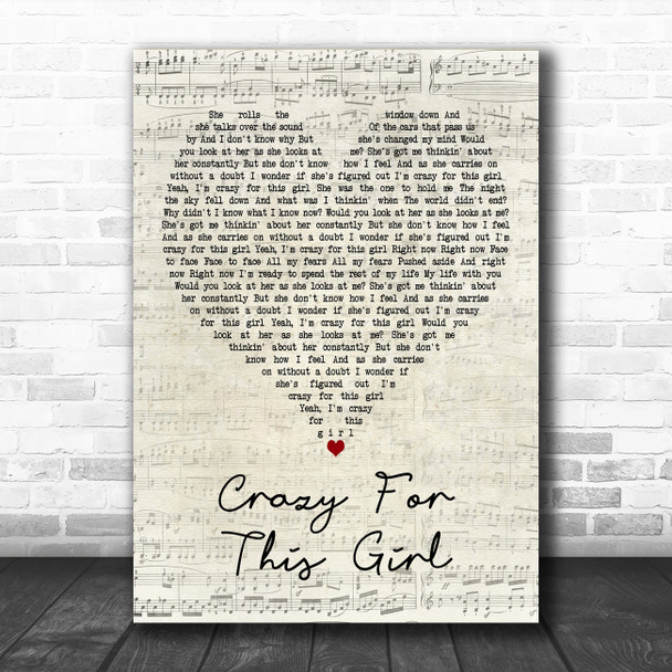 Evan & Jaron Crazy for This Girl Script Heart Decorative Wall Art Gift Song Lyric Print