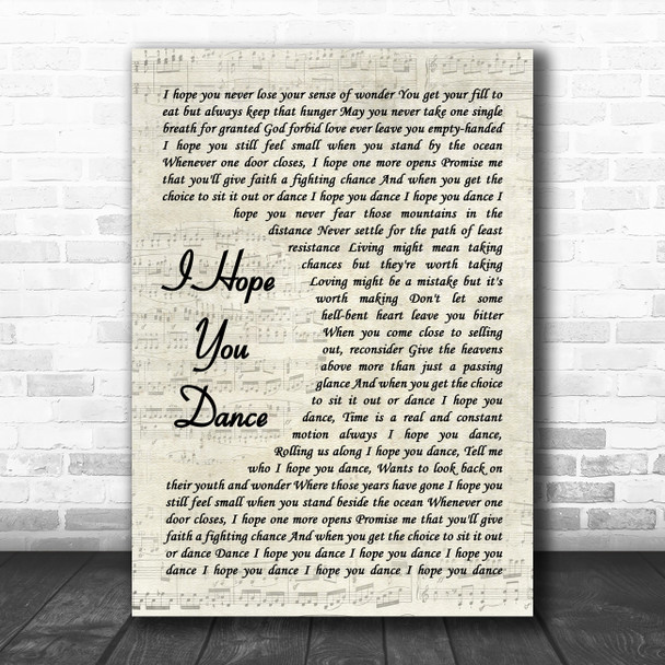 Faith Hill I Hope You Dance Vintage Script Decorative Wall Art Gift Song Lyric Print