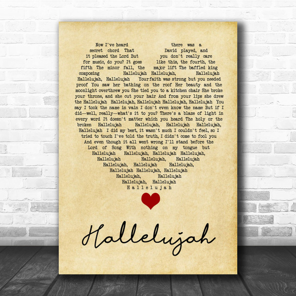 Hallelujah Leonard Cohen Vintage Heart Song Lyric Music Wall Art Print