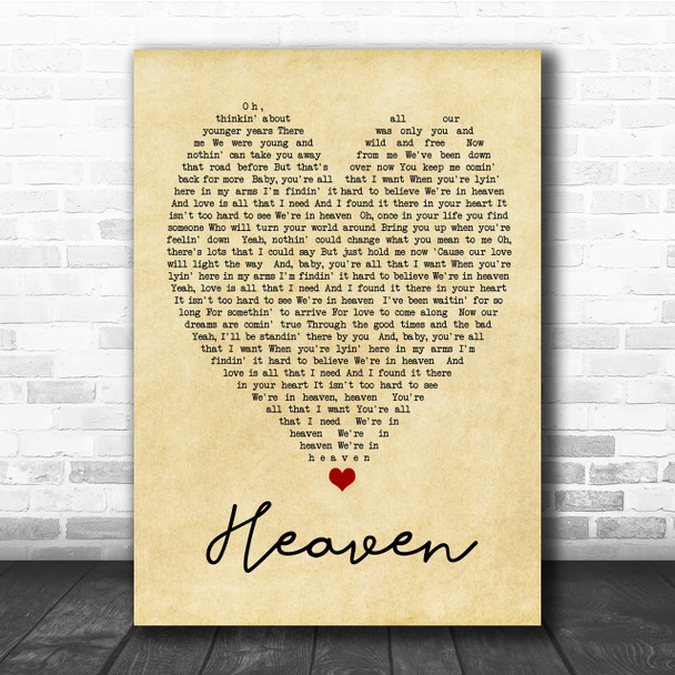 Heaven Bryan Adams Vintage Heart Song Lyric Music Wall Art Print