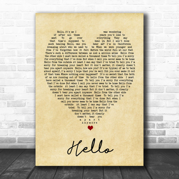 Hello Adele Vintage Heart Song Lyric Music Wall Art Print