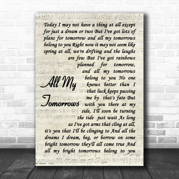 Frank Sinatra All My Tomorrows Vintage Script Decorative Wall Art Gift Song Lyric Print