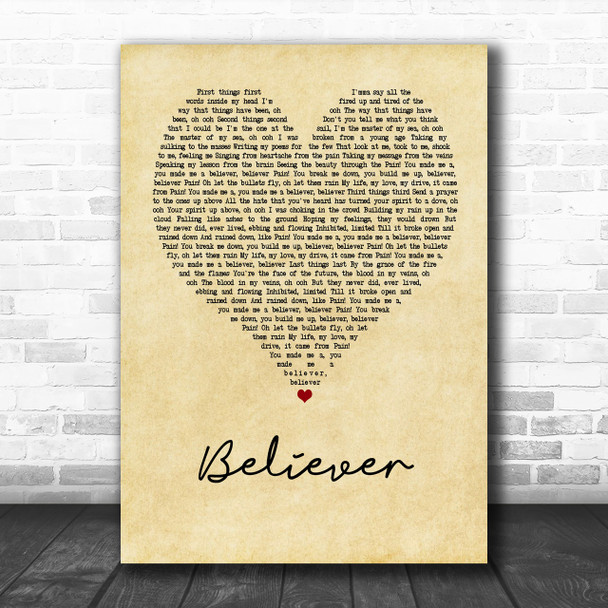 Imagine Dragons Believer Vintage Heart Song Lyric Music Wall Art Print