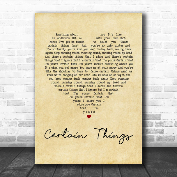 James Arthur Certain Things Vintage Heart Song Lyric Music Wall Art Print