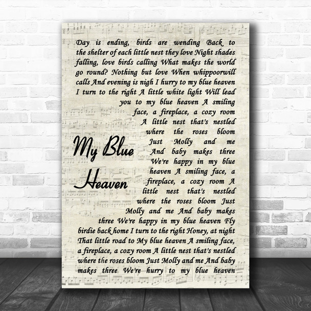 Gene Austin My Blue Heaven Vintage Script Decorative Wall Art Gift Song Lyric Print