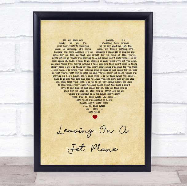 John Denver Leaving On A Jet Plane Vintage Heart Song Lyric Music Wall Art Print