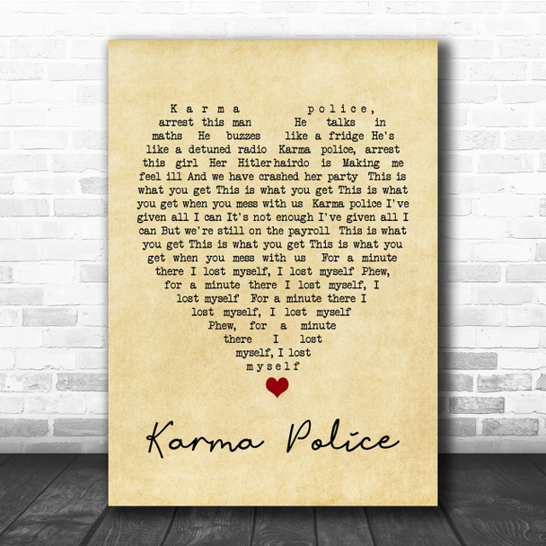 Karma Police Radiohead Vintage Heart Song Lyric Music Wall Art Print