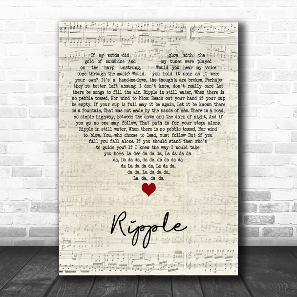 Grateful Dead Ripple Script Heart Decorative Wall Art Gift Song Lyric Print