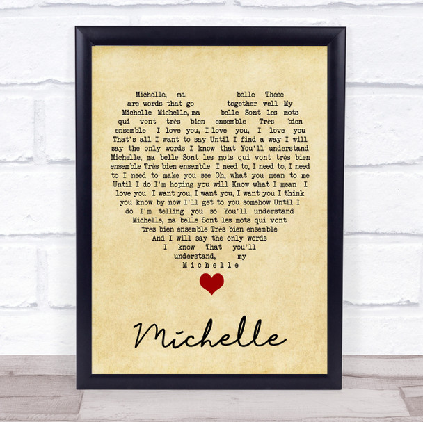 Michelle The Beatles Vintage Heart Song Lyric Music Wall Art Print