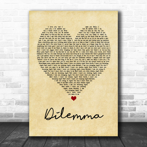 Nelly & Kelly Rowland Dilemma Vintage Heart Song Lyric Music Wall Art Print