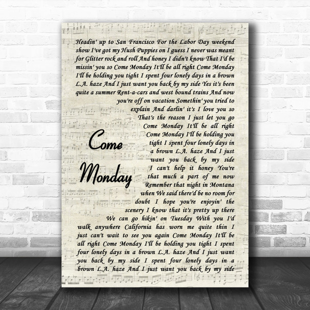 Jimmy Buffett Come Monday Vintage Script Decorative Wall Art Gift Song Lyric Print