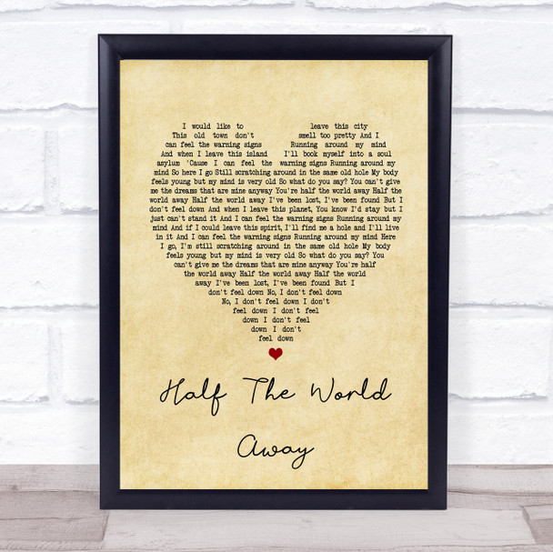 Oasis Half The World Away Vintage Heart Song Lyric Music Wall Art Print