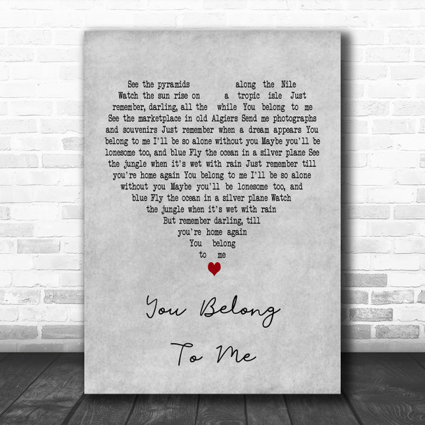 Jo Stafford You Belong To Me Grey Heart Decorative Wall Art Gift Song Lyric Print