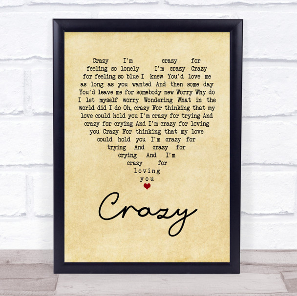 Patsy Cline Crazy Vintage Heart Song Lyric Music Wall Art Print