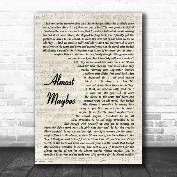 Jordan Davis Almost Maybes Vintage Script Decorative Wall Art Gift Song Lyric Print