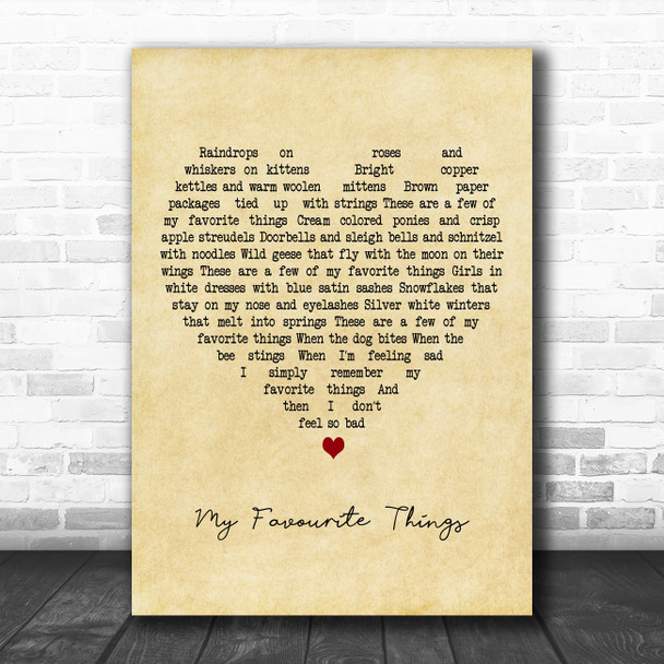 Julie Andrews My Favourite Things# Vintage Heart Decorative Wall Art Gift Song Lyric Print