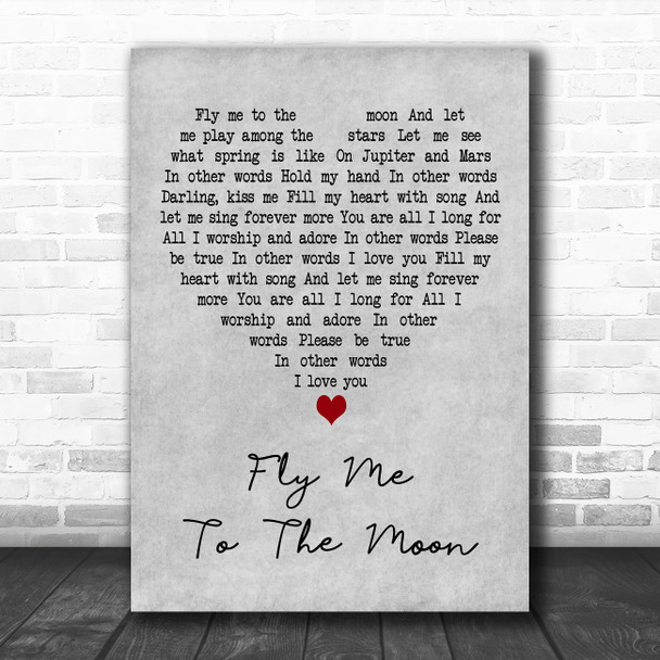 Julie London Fly Me to the Moon Grey Heart Decorative Wall Art Gift Song Lyric Print