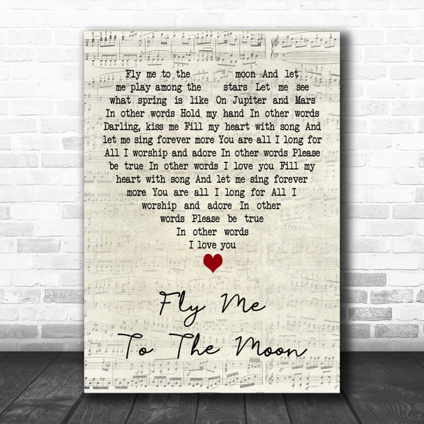 Julie London Fly Me to the Moon Script Heart Decorative Wall Art Gift Song Lyric Print