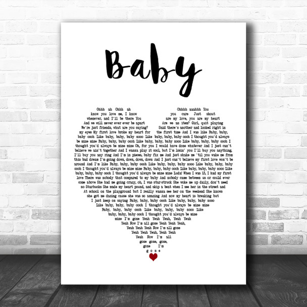 Justin Bieber Baby White Heart Decorative Wall Art Gift Song Lyric Print