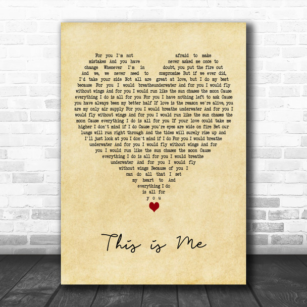 Keala Settle This Is Me Vintage Heart Decorative Wall Art Gift Song Lyric Print