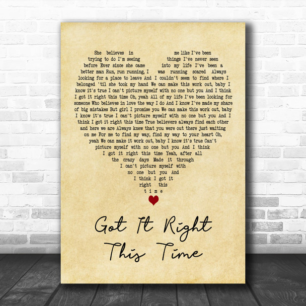 Keith Urban Got It Right This Time Vintage Heart Decorative Wall Art Gift Song Lyric Print