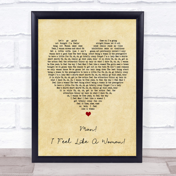 Shania Twain Man I Feel Like A Woman Vintage Heart Song Lyric Music Wall Art Print