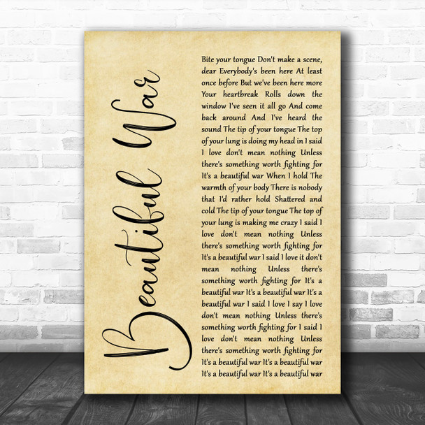 Kings Of Leon Beautiful War Rustic Script Decorative Wall Art Gift Song Lyric Print