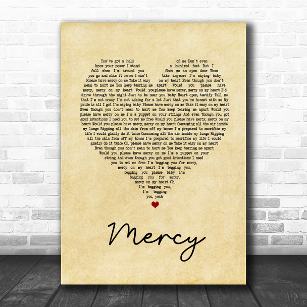 Shawn Mendes Mercy Vintage Heart Song Lyric Music Wall Art Print