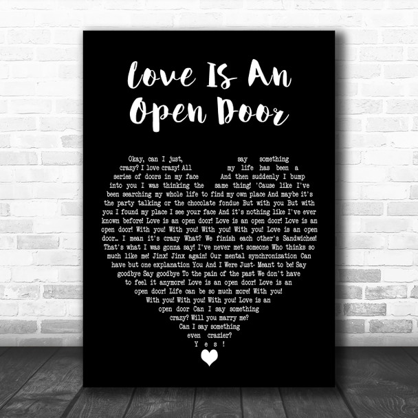 Kristen Bell & Santino Fontana Love Is An Open Door Black Heart Wall Art Gift Song Lyric Print