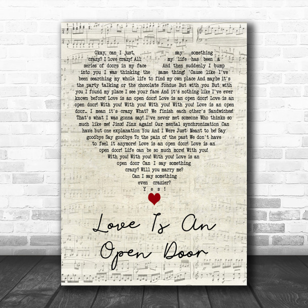 Kristen Bell & Santino Fontana Love Is An Open Door Script Heart Wall Art Gift Song Lyric Print