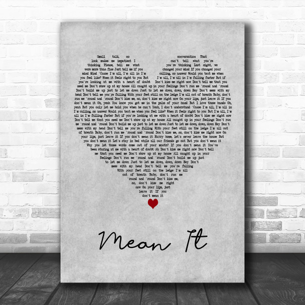 Lauv & LANY Mean It Grey Heart Decorative Wall Art Gift Song Lyric Print