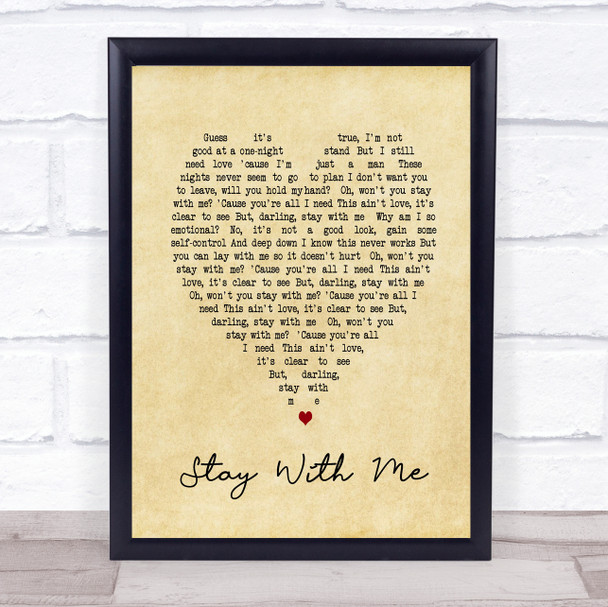 Stay With Me Sam Smith Vintage Heart Song Lyric Music Wall Art Print