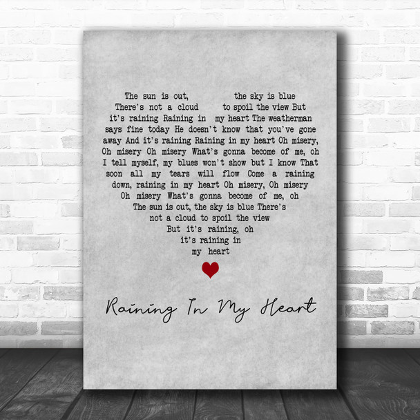 Leo Sayer Raining In My Heart Grey Heart Decorative Wall Art Gift Song Lyric Print