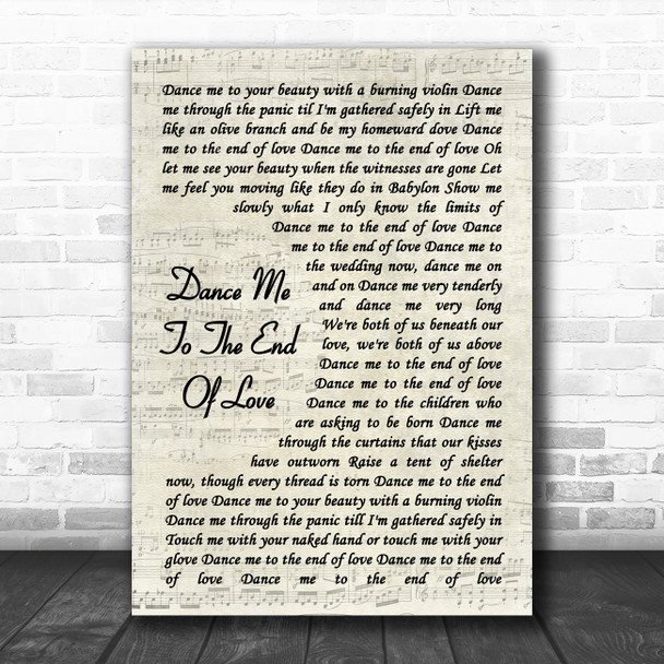 Leonard Cohen Dance Me To The End Of Love Vintage Script Decorative Gift Song Lyric Print